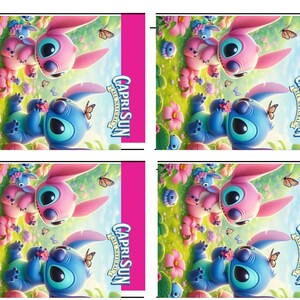 May include: A colorful illustration of two Stitch characters from the Disney movie Lilo & Stitch. The characters are sitting in a field of flowers and butterflies. The background is a pink Capri Sun juice box with the text "Capri Sun All Natural" printed on it.