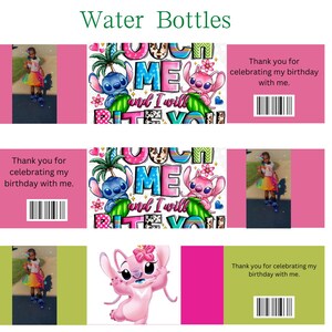 May include: Three pink and green water bottle labels with a cartoon Stitch character. The labels have the text "Come and I will Bite You" and a barcode. The labels are designed for a birthday party.