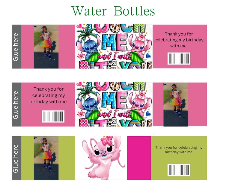 May include: Three pink and green water bottle labels with a cartoon Stitch character. The labels have the text "Come and I will Bite You" and a barcode. The labels are designed for a birthday party.