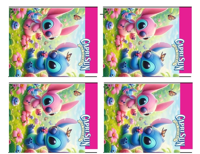 May include: A colorful illustration of two Stitch characters from the Disney movie Lilo & Stitch. The characters are sitting in a field of flowers and butterflies. The background is a pink Capri Sun juice box with the text "Capri Sun All Natural" printed on it.