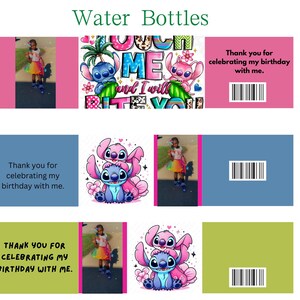 May include: Three water bottle labels featuring a cartoon character with blue fur and large ears. The labels have a pink, blue, and green color scheme and include the text "Thank you for celebrating my birthday with me."