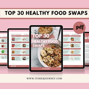 May include: A digital tablet displaying a printable PDF guide with the title "Top 30 Healthy Food Swaps". The guide features a list of healthy food swaps for various food categories, including meats and poultry, fish, and grains. The image also shows a bowl of granola with bananas and almonds.