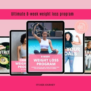 May include: Digital advert for an 8-week weight loss programme. The image shows several tablets displaying images of women in workout clothes. The text reads "Ultimate 8-week weight loss program" and "Achieve the slim and toned physique that you've dreamed of in just 8 weeks."
