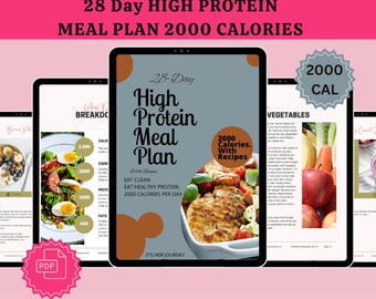 Könnte beinhalten: Ein digitales Produktcover für einen 28-tägigen High-Protein-Ernährungsplan mit 2000 Kalorien pro Tag. Das Cover zeigt ein Foto von gegrillter Hähnchenbrust mit Gemüse und den Text "28-Day High Protein Meal Plan" in einer braunen und weißen Schrift.