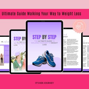 Könnte beinhalten: Ein digitaler Ratgeber mit dem Titel "Step by Step: The Ultimate Guide to Walking Your Way to Weight Loss" wird auf Tablets angezeigt. Das Cover zeigt blaue Laufschuhe. Der Titel des Ratgebers ist lila und weiß. Der Hintergrund ist rosa.