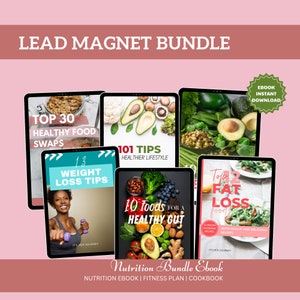 May include: A digital marketing bundle for health and wellness featuring five ebooks with titles like "Top 30 Healthy Food Swaps", "101 Tips Healthier Lifestyle", "13 Weight Loss Tips", "10 Foods for a Healthy Gut", and "Top 12 Fat Loss Foods".