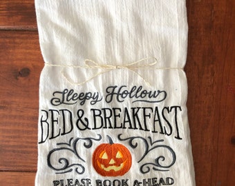 Sleepy Hollow Machine Embroidered Tea Towel, Halloween towel, Flour Sack Towel