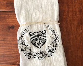 Raccoon tea towel, flour sack towel, machine embroidered, trash panda