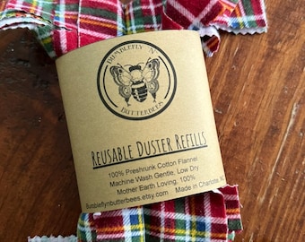 Reusable Duster Refill - Red and Green Plaid, Zero Waste, Earth Day, Housewarming, Washable, Flannel