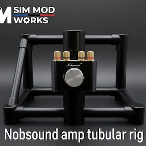 May include: Black tubular rig with a Nobsound amp. The rig has a square base and a central vertical support. The amp features gold and red connectors, a silver knob, and the Nobsound logo. The text "Sim Mod Works" is at the top.