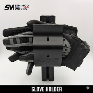 May include: Black glove holder with a pair of black and gray gloves. The holder has the text "SIM MOD WORKS" and "GLOVE HOLDER". The gloves are made of a durable material and have reinforced padding.