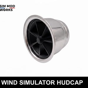 May include: A chrome-finished wind simulator hudcap with a black interior fan design. The product has a circular shape with a polished, reflective surface. The text "WIND SIMULATOR HUDCAP" is displayed at the bottom of the image.