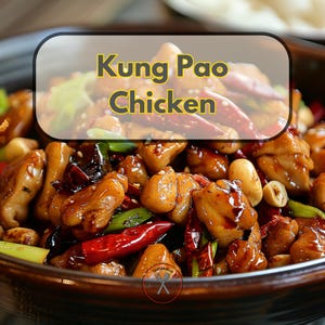 May include: A close-up of a bowl of Kung Pao Chicken. The chicken is stir-fried with peanuts, green onions, and red chili peppers. The dish is topped with sesame seeds.