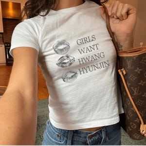 girls want hyunjin graphic baby tee, stray hwang hyunjin SKZ Tour Shirt, KPOP Y2K, stay fan merch, streetwear for kpop fans