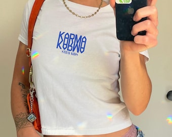 karma skz stray graphic baby tee, kids hyunjin, felix, lee know, bang chan, Tour Shirt, KPOP Y2K, stay fan merch