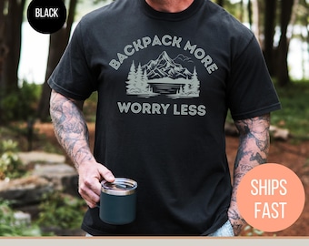 Koszulka Worry Less Backpacking: Koszulka retro do wędrówek, koszulka dla obozowiczów w lesie