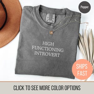 Könnte beinhalten: Ein graues T-Shirt mit dem Aufdruck "HIGH FUNCTIONING INTROVERT" in weiß. Das Shirt liegt flach auf einer weißen Oberfläche.