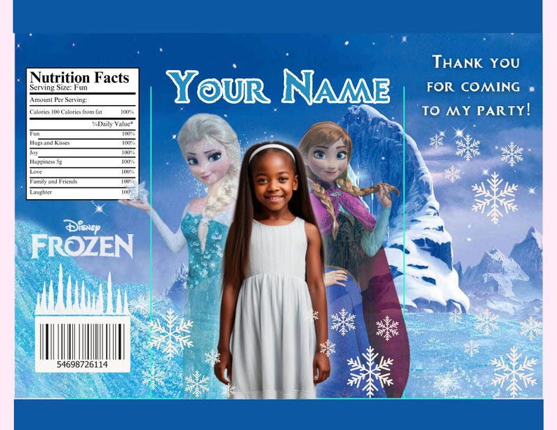 Puede incluir: Una invitaci&oacute;n a una fiesta de Frozen en azul y blanco con una imagen de Elsa, Anna y una ni&ntilde;a. La invitaci&oacute;n dice "&iexcl;Gracias por venir a mi fiesta!" y tiene una etiqueta de informaci&oacute;n nutricional con el texto "Disney Frozen".