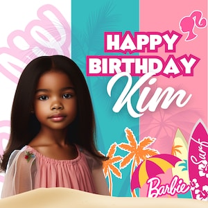 Puede incluir: Una tarjeta de cumpleaños con un tema tropical rosa, azul y naranja. La tarjeta presenta una foto de una niña con el pelo largo y negro, un vestido rosa y un fondo blanco. El texto de la tarjeta dice "Happy Birthday Kim".