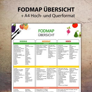 Può includere: Un grafico colorato con il titolo "FODMAP Übersicht" in tedesco. Il grafico elenca gli alimenti classificati come bassi, moderati e alti in FODMAP. Il grafico include frutta, verdura e cereali.