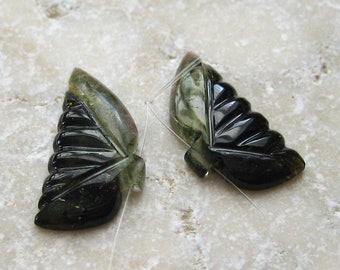 Hand Carved Olive Green Tourmaline Beads Butterfly Wings 21 x 10.25mm - Matched Gemstone Pair USA Seller