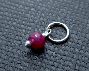 Ruby Bead Dangle Charm, Faceted Gemstone Birthstone Add on Drop, Sterling Silver