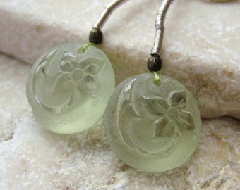 Prasiolite Floral Carved Frosted Coin Beads 14mm - Matched Gemstone Pair, USA Seller Since 2008