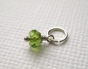 Peridot Bead Dangle Charm, Faceted Birthstone Gemstone, Rondelle Add on Drop, Sterling Silver