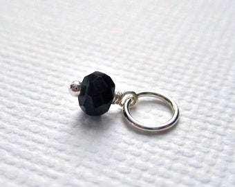 Faceted Black Spinel Gemstone Bead Dangle Charm, Add on Drop, Sterling Silver