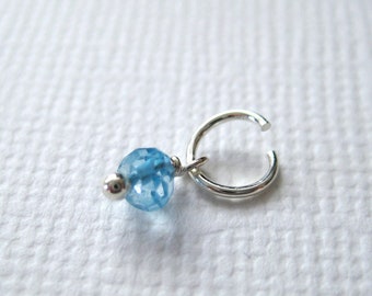 Blue Topaz Gemstone Bead Charm, Faceted Dangle, Add on Drop, Sterling Silver