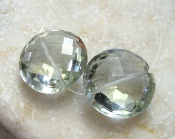 Green Amethyst Prasiolite Faceted Coin Beads 13.5mm - Matched Gemstone Pair
