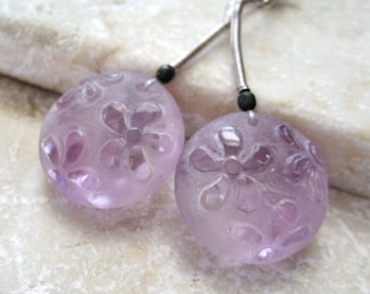 Pink Amethyst Carved and Frosted Flower Coin Beads 17mm - Matched Gemstone Pair, USA Seller Since 2008