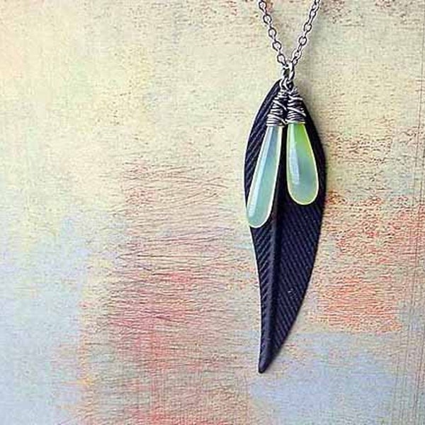 Black Leaf Pendant with Sterling Silver Wire Wrapped Chartreuse Yellow Green Quartz Briolettes Gift Box