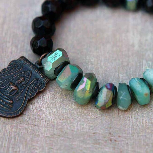 Tribal Beaded Gemstone Bracelet - Thai Buddhist  Medallion Charm - Brown Wood - Mystic Green Chrysoprase Faceted Beads - Unisex