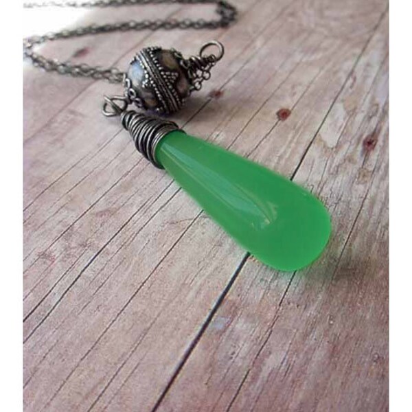 Absinthe Green Silver Wrapped Quartz Pendant  Sylph