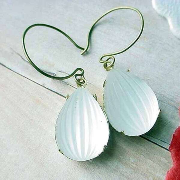 Crystal and Gold Earrings Vintage Frosted Melon Glass Dangles Clear White  Brass Gift Box