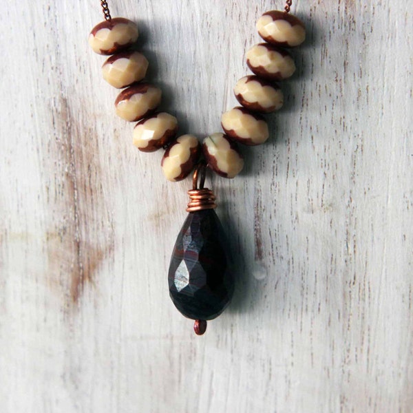 Hematite Drop Pendant - Rust Red Iron Oxide Necklace, Metallic Gray - Cream Czech Glass, Copper Beads - Boho, Rustic, Hippie - Gift Box