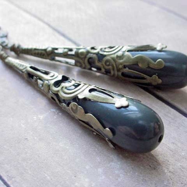 Victorian Teardrop Earrings in Dark Grey and Ornate Filigree Antiqued Brass Dangles