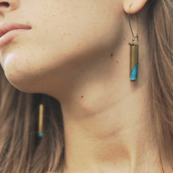 Turquoise Earrings Tribal Geometric Rustic Bullet Casings Dangles Gift Box
