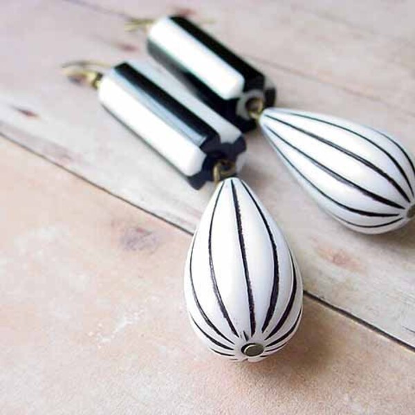 Black and White Stripe Earrings Modern Tear Drop Dangles