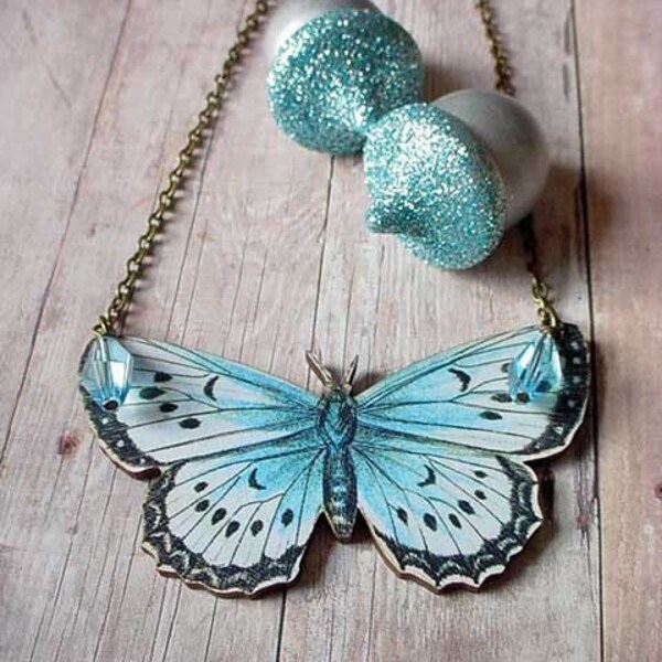 Moth Necklace Large Butterfly in Light Blue Black White