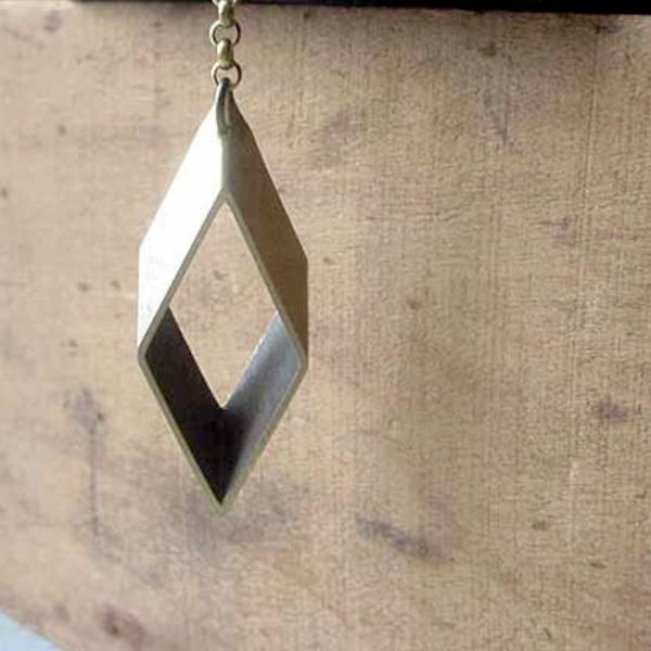 Rhombus Geometric Lariat Necklace Industrial Machine Cut Antiqued Brass Modern Gift Box