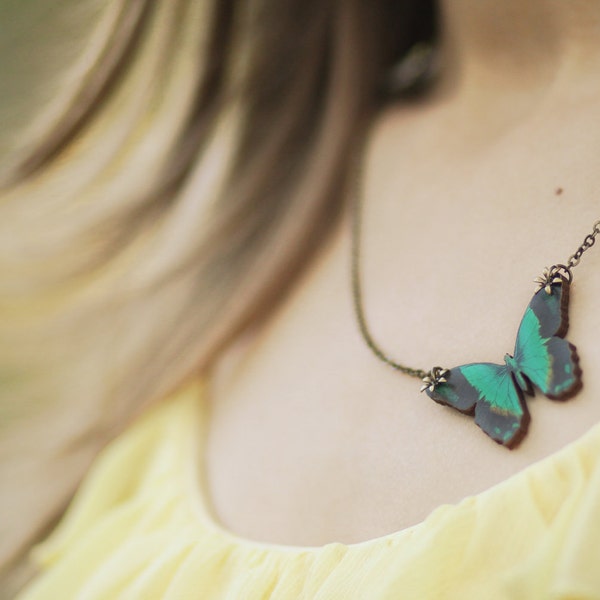 Teal Butterfly Necklace Blue Green Wood Insect Wings Pendant Gift for Her Under 25 Nature Lover