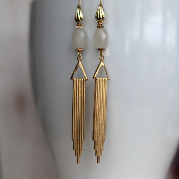 Art Deco Earrings - Gold Brass Column Dangles - Faceted White Moonstone Gemstone - Geometric - Vintage - Spring Wedding, Bridal - Gift box