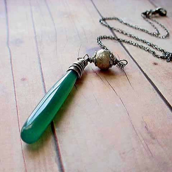 Green Onyx Pendant Sterling Silver Wire Wrapped Forest Green Gemstone Briolette Necklace Gift Box