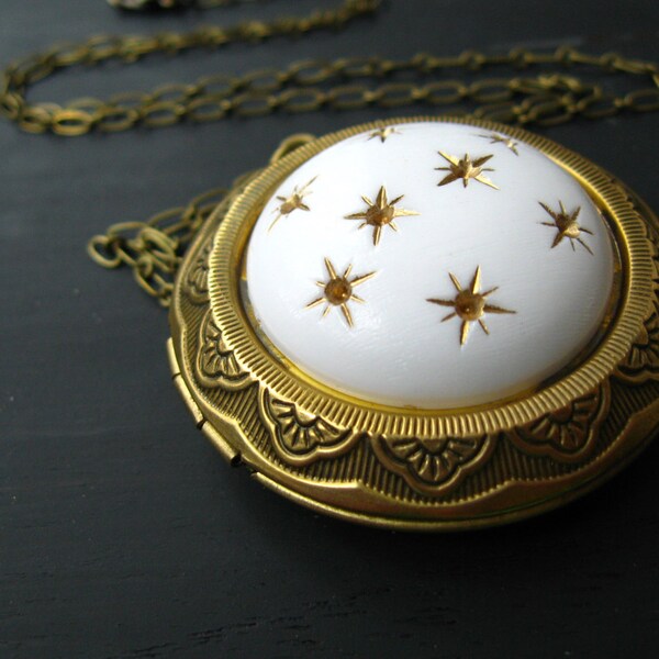 Celestial Locket, Gold Stars Pendant, Vintage Starry Sky Necklace, White, Gold, Brass, Gift Box