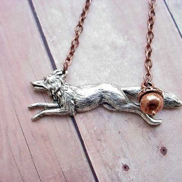 Fox Pendant Woodland Forest Creature Necklace Antiqued Silver with Copper Acorn