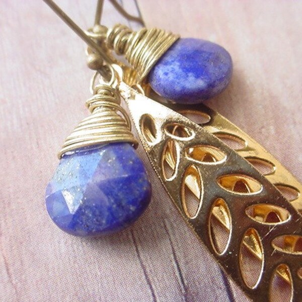 Blue Sodalite Briolette Earrings Gemstone with Gold Brass Leaves Dangles Gift for Her Gift Box