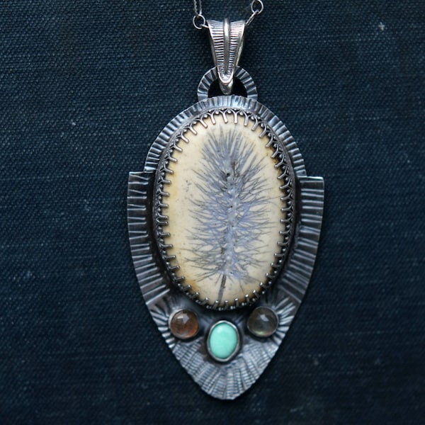 Feather Silhouette Pendant, Gray Bird Feather, Sterling Silver Necklace, Labradorite, Turquoise, Woodland, Ceramic Cabochon, OOAK, Metalwork