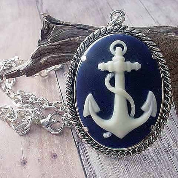 Nautical Anchor Cameo Pendant Silver Navy Blue White Necklace Cruise Beach Ocean Sea Gift for Her Gift Box